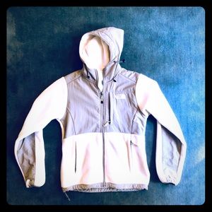 White/grey hooded North Face fleece